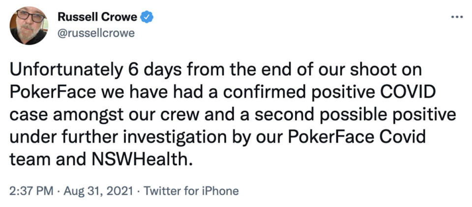 A tweet by Russell Crowe reveals there's been a Covid outbreak on the set of his new film, Poker Face. Photo: Twitter/russellcrowe.