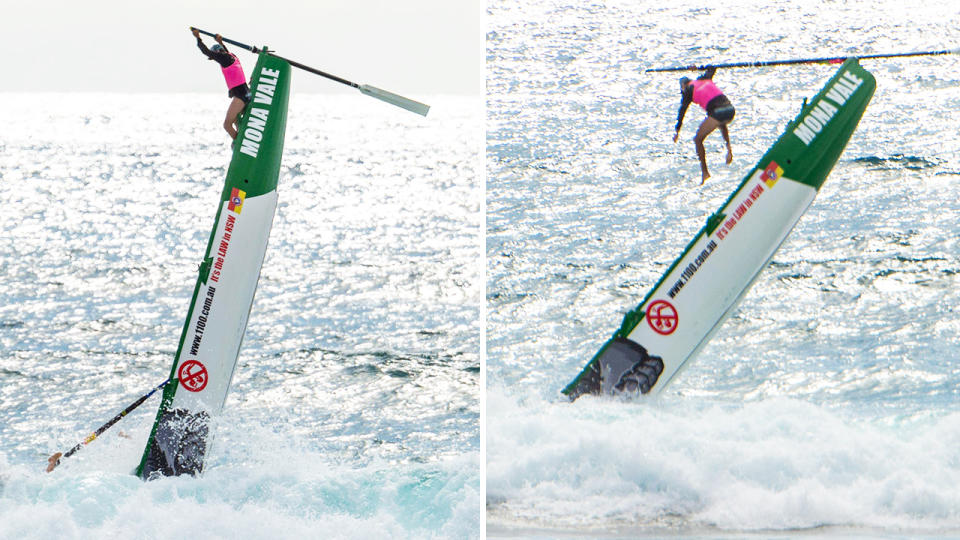 Bryce Munro, pictured here in a dramatic wipeout during the NSW Surf Lifesaving championships.