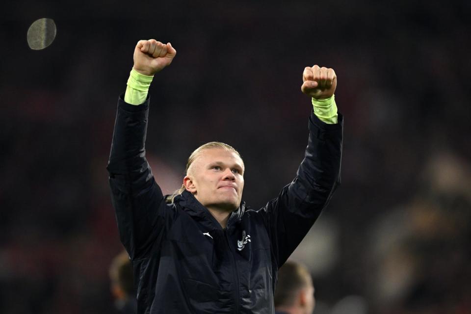 Erling Haaland salutes the Man City fans after beating Bayern Munich (Getty)