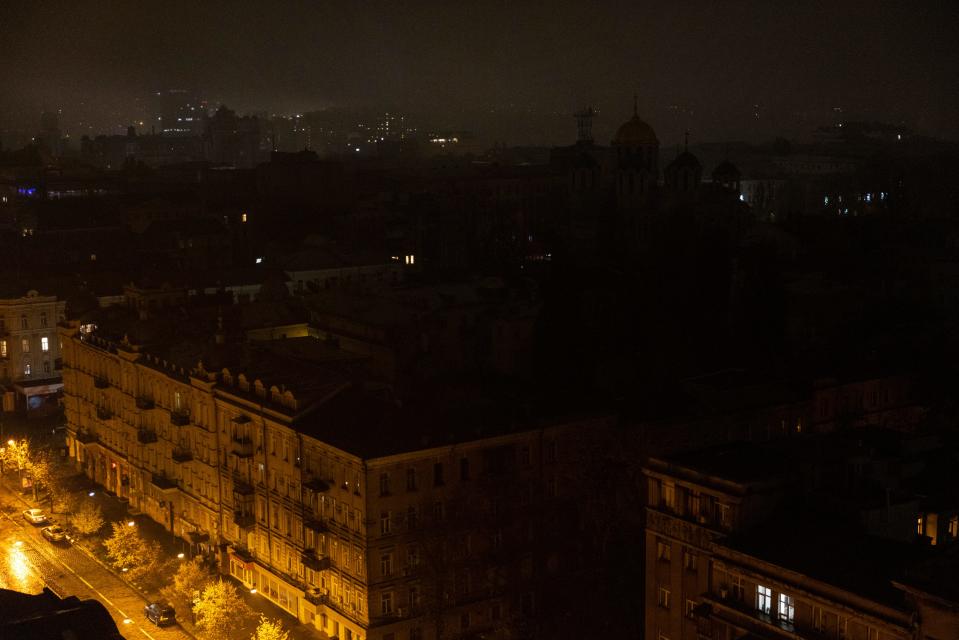 Power outages are seen in the city center on October 25, 2022 in Kyiv, Ukraine. Restricted power supplies and limits on electricity have begun in the city so that energy companies can repair power facilities hit by a wave of recent Russian air strikes.