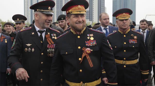 Ramzan Kadyrov, centre, wearing a Russian military uniform, attends celebrations marking the 70th anniversary of the victory over Nazi Germany. Photo: AP