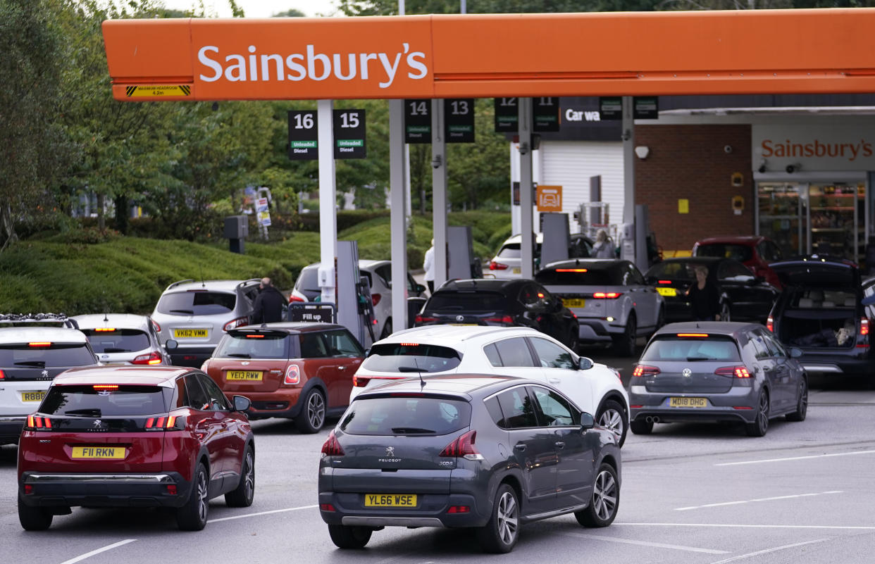 EMBARGOED TO 0001 MONDAY SEPTEMBER 27 File photo dated 24/09/21 of queues at a Sainsbury's Petrol Station in Colton, Leeds. Consumers have learnt lessons from stockpiling over lockdown but more should be done to help them understand the effect they can have on supply chains, according to a sector expert. Issue date: Monday September 27, 2021.