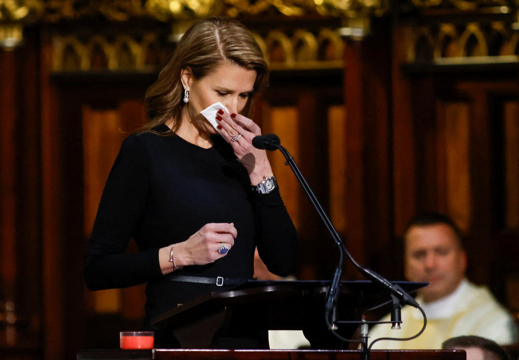 Caroline Mulroney reacts as she speaks during a state funeral of her father, late former Canadian Prime Minister Brian Mulroney, who died on February 29 at the age of 84, at the Notre-Dame Basilica of Montreal, Quebec, Canada March 23, 2024. REUTERS/Blair Gable/Pool