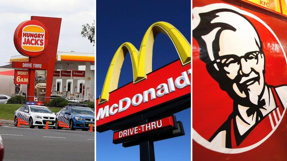 Signs of the Hungry Jack's, McDonald's and KFC logos.