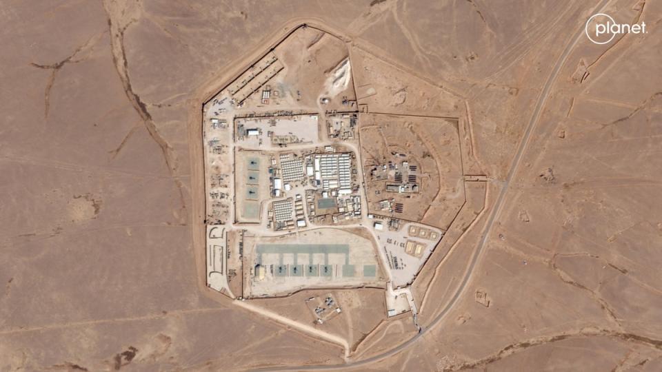 FILE PHOTO: Satellite view of the US military outpost known as Tower 22, in Rukban, Rwaished District, Jordan (via REUTERS)