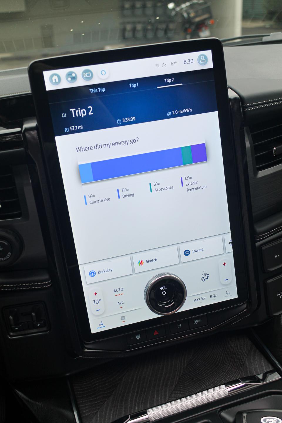 The 2023 Ford F-150 Lightning Platinum's 15.5-inch touchscreen, displaying data about the most recent trip.
