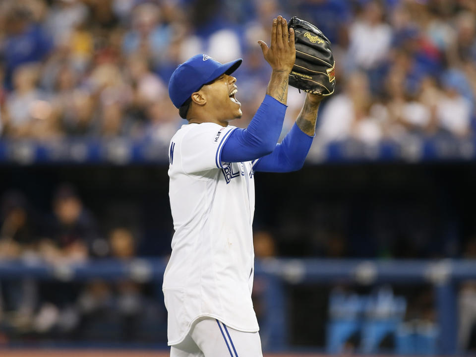 Jul 24, 2019; Toronto, Ontario, CAN; Toronto Blue Jays starting pitcher Marcus Stroman (6) reacts while walking off the field in the seventh inning against the Cleveland Indians at Rogers Centre. Mandatory Credit: John E. Sokolowski-USA TODAY Sports