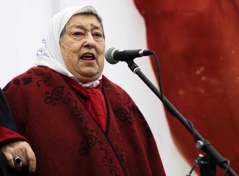 Mothers of Plaza de Mayo human rights group leader Hebe De Bonafini talks in Buenos Aires, Argentina, Aug. 11, 2016. Hebe de Bonafini, who became a famed human rights campaigner after her two children were arrested and disappeared under Argentina's military dictatorship, died Sunday, Nov. 20, 2022, her family and authorities reported. She was 93. (AP Photo/Jorge Saenz, file)