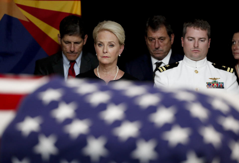 <p>Cindy McCain, wife of Sen. John McCain, R-Ariz. sits with her son Jack during a memorial service at the Arizona Capitol on Wednesday, Aug. 29, 2018, in Phoenix. (Photo: Jae C. Hong, Pool/AP) </p>