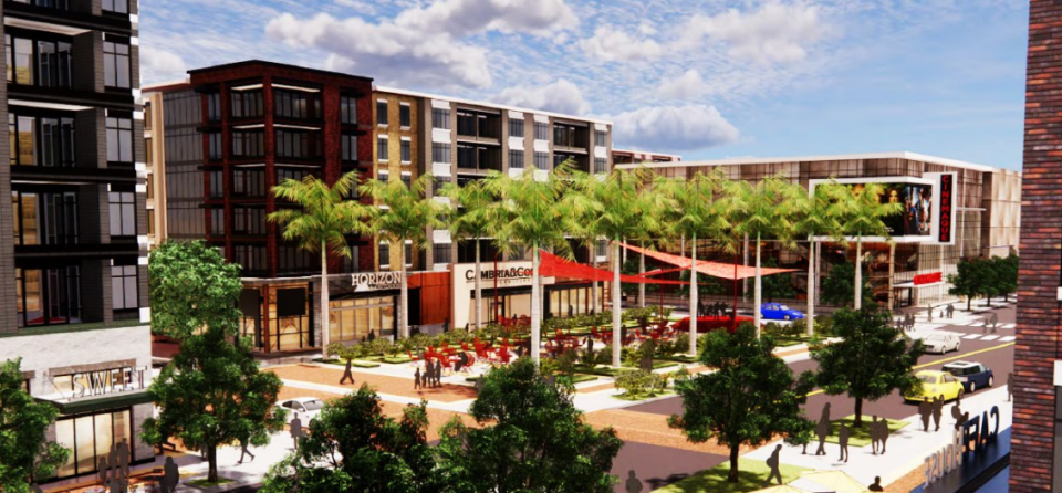 An artist's rendering shows a look at the potential redevelopment of Christown Spectrum in Phoenix. Plans call for a road down the middle with retail and entertainment, with more apartments added to the area.