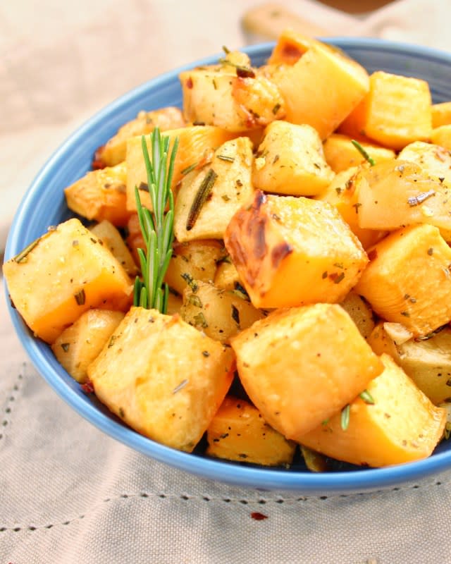 <p>My Body My Kitchen</p><p>Roast rutabagas alongside honeycrisp apples make the an amazing side dish.</p><p><strong>Get the recipe: <a href="https://mybodymykitchen.com/roasted-rutabaga-apples/" rel="nofollow noopener" target="_blank" data-ylk="slk:Roasted Rutabagas and Apples;elm:context_link;itc:0;sec:content-canvas" class="link "><em>Roasted Rutabagas and Apples</em></a></strong></p>