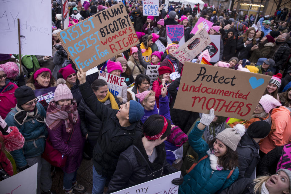 Demonstrators cheer during the 2019 Women’s March on Jan. 19, 2019 in Washington. (Photo: Zach Gibson/Getty Images)