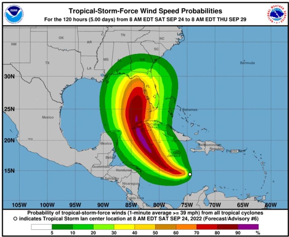 An NOAA graphic shows the expected path of tropical storm Ian.