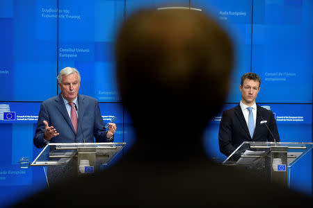 European Union's chief Brexit negotiator Michel Barnier and Austrian Federal Minister for the EU, Arts, Culture and Media Gernot Bluemel hold a news conference in Brussels, Belgium November 19, 2018. REUTERS/Eric Vidal