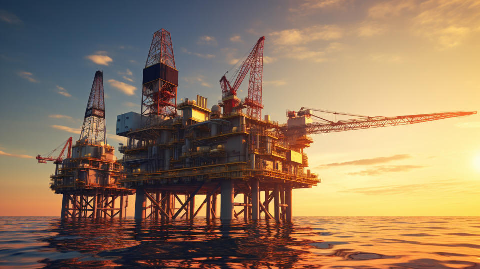 An oil platform in the sea, illuminated by a sunset, showing the companies power.