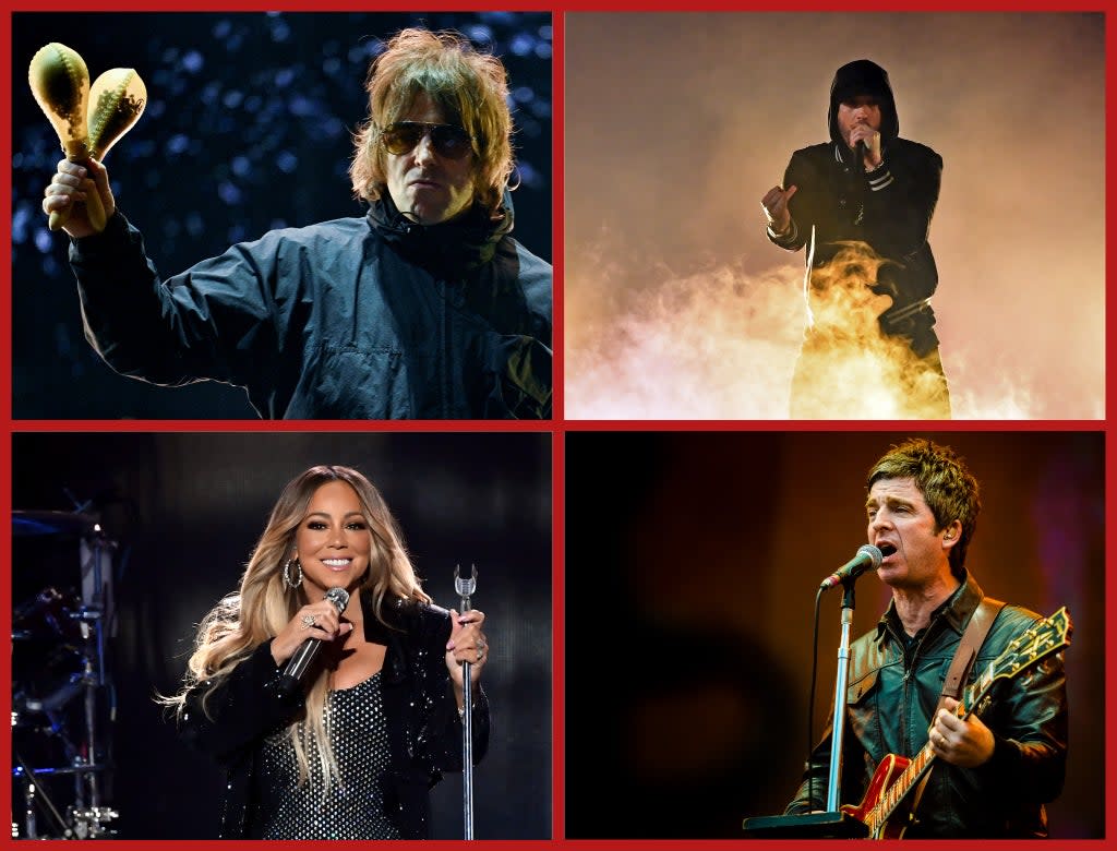 Top left clockwise: Liam Gallagher, Eminem, Noel Gallagher and Mariah Carey (Getty)