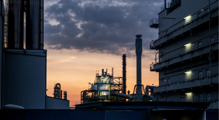 A LyondellBasell production plant in Wesseling, Germany is seen at dusk.