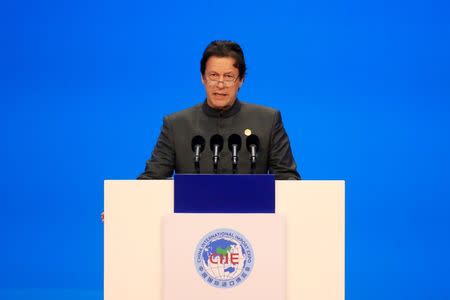 Pakistani Prime Minister Imran Khan speaks at the opening ceremony for the first China International Import Expo (CIIE) in Shanghai, China, November 5, 2018. REUTERS/Aly Song/Pool/Files
