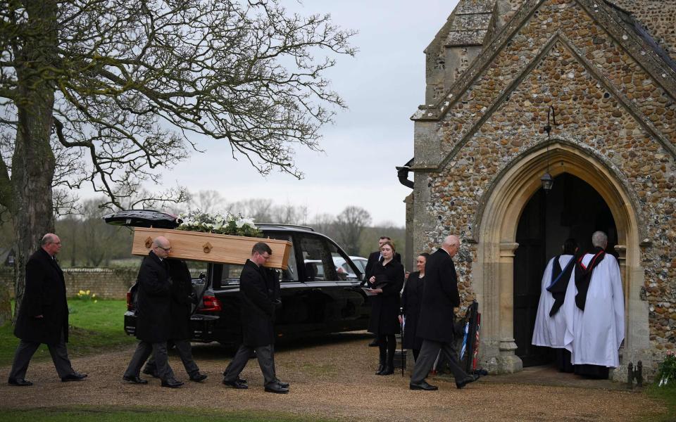 Pallbearers carry the coffin of Baroness Betty Boothroyd, the former Speaker of the Commons - Daniel Leal/AFP