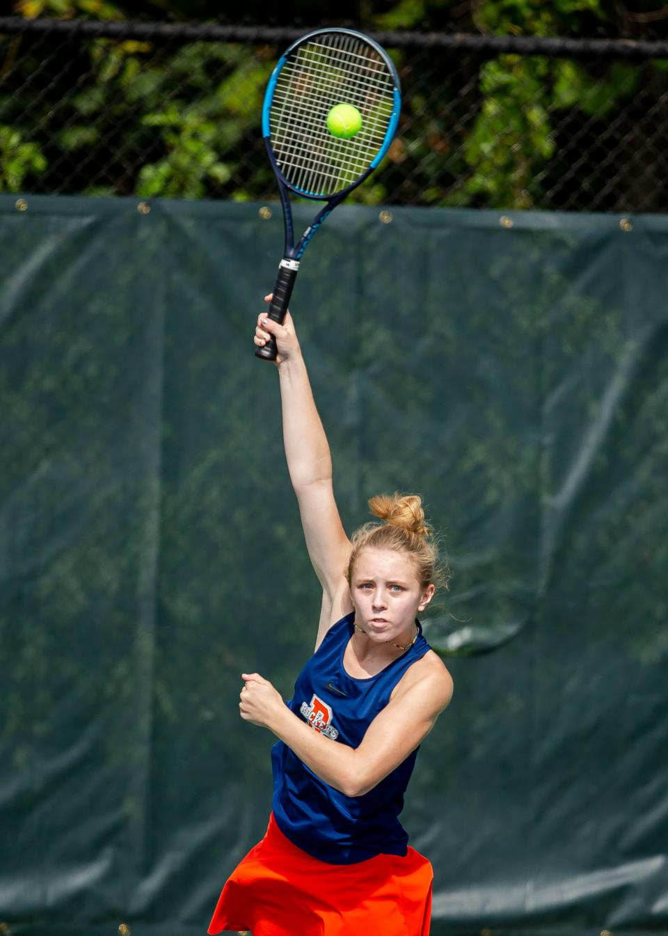 Rochester’s Julia Musgrave hits a serve in doubles play during the Girls CS8 Tennis Tournament at Washington Park in Springfield, Ill., Friday, October 8, 2021. [Justin L. Fowler/The State Journal-Register] 