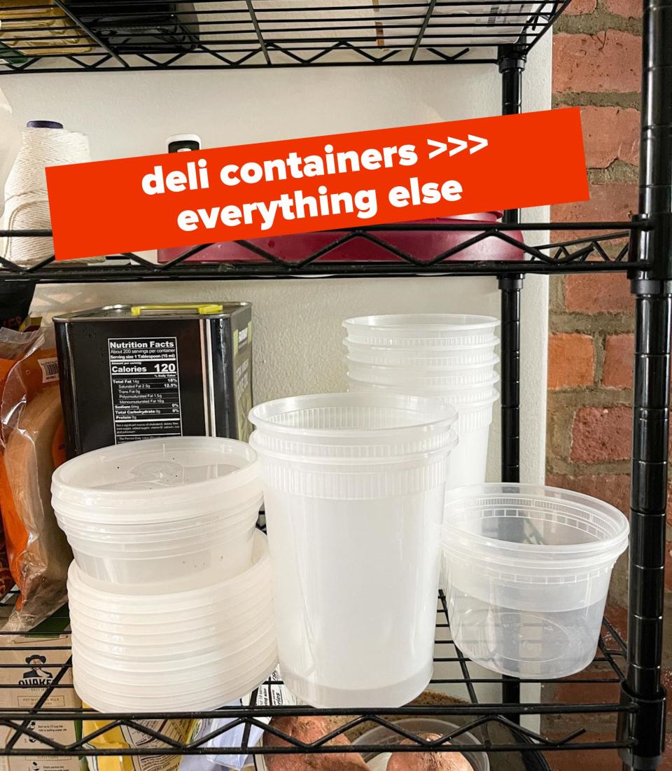Deli containers on a wire shelf with caption "deli containers &gt;&gt;&gt; everything else"
