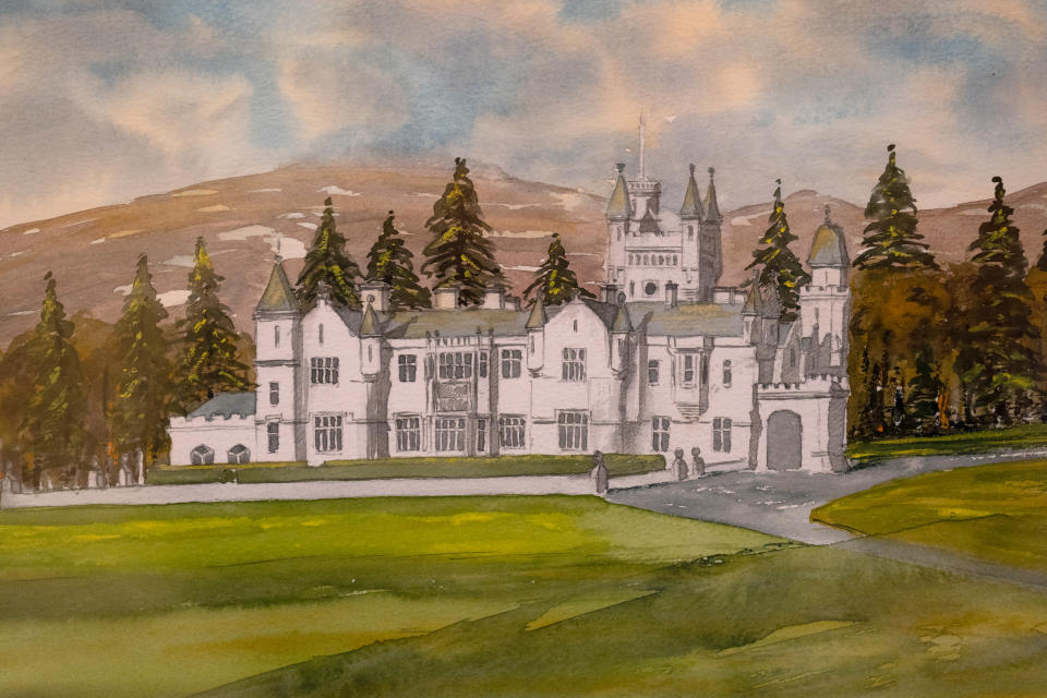 'Balmoral Castle, Aberdeenshire (2001)', a watercolour painted by King Charles III which forms part of a new exhibition 'His Majesty The King's Watercolours', a collection of over 40 watercolours by King Charles III which opens to the public on Saturday in the Ballroom at Sandringham House in Norfolk. Picture date: Thursday March 30, 2023. (Photo by Joe Giddens/PA Images via Getty Images)