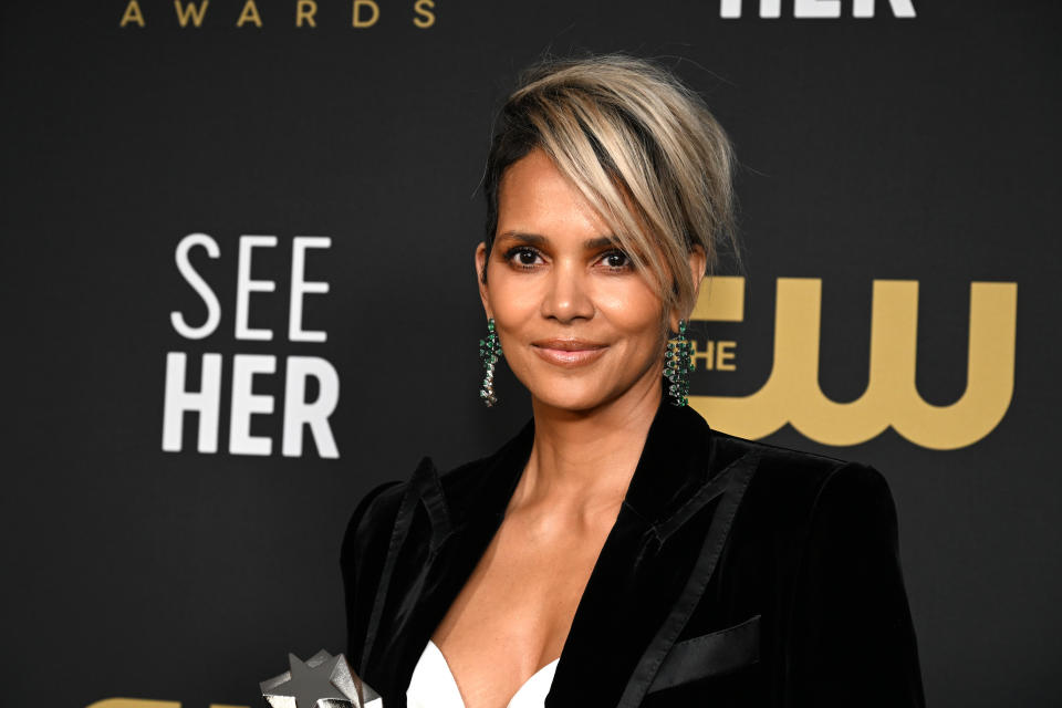 Halle Berry, winner of the #SeeHer Award, poses in the press room with Champagne Collet & OBC Wines as they celebrate the 27th Annual Critics Choice Awards at Fairmont Century Plaza on March 13, 2022 in Los Angeles, California. (Getty Images for Champagne Collet & OBC Wines)