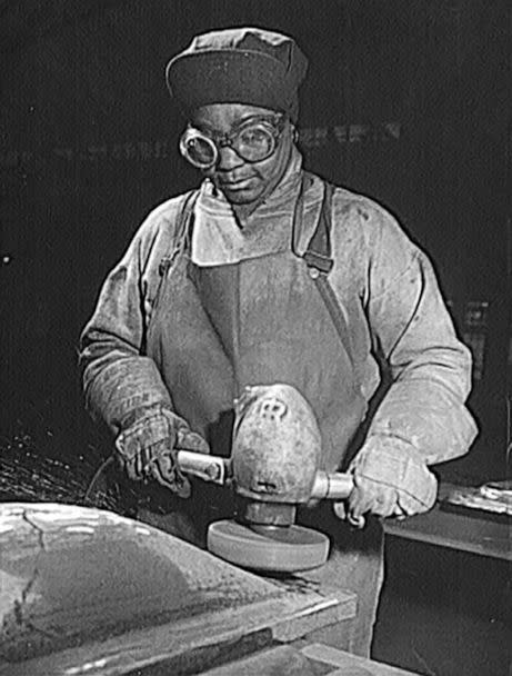 PHOTO: A female grinder working at Pratt and Letchworth, makers of castings for ships and tanks in Buffalo, New York, in May 1943. (Library of Congress - FSA/OWI Collection)