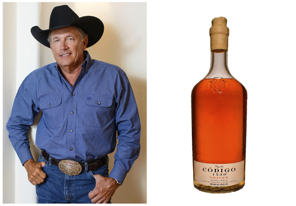 This combination photo shows country music legend and investor George Strait, left, and a bottle of Código 1530 Origen tequila. (AP Photo, left, and Código 1530 Tequila via AP)