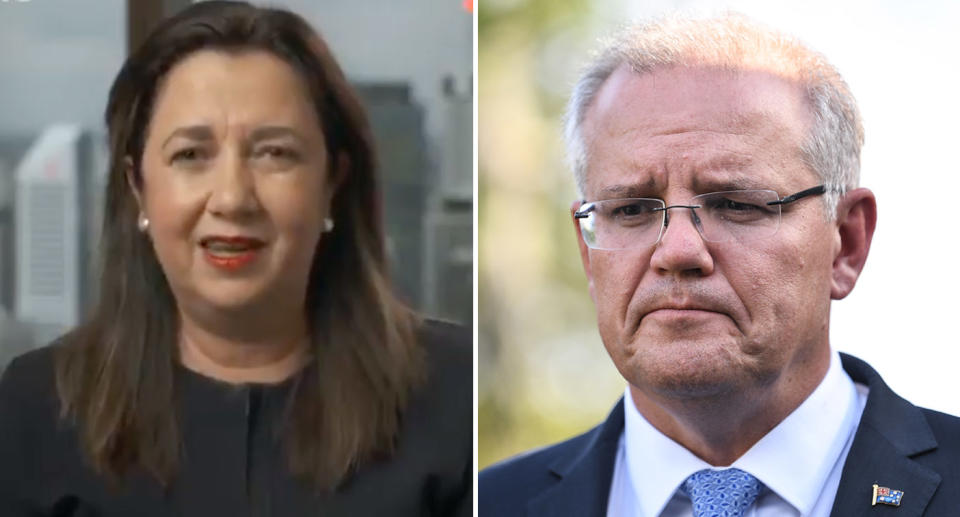 Queensland premier Annastacia Palaszczuk, left and Australian prime minister Scott Morrison, right. 