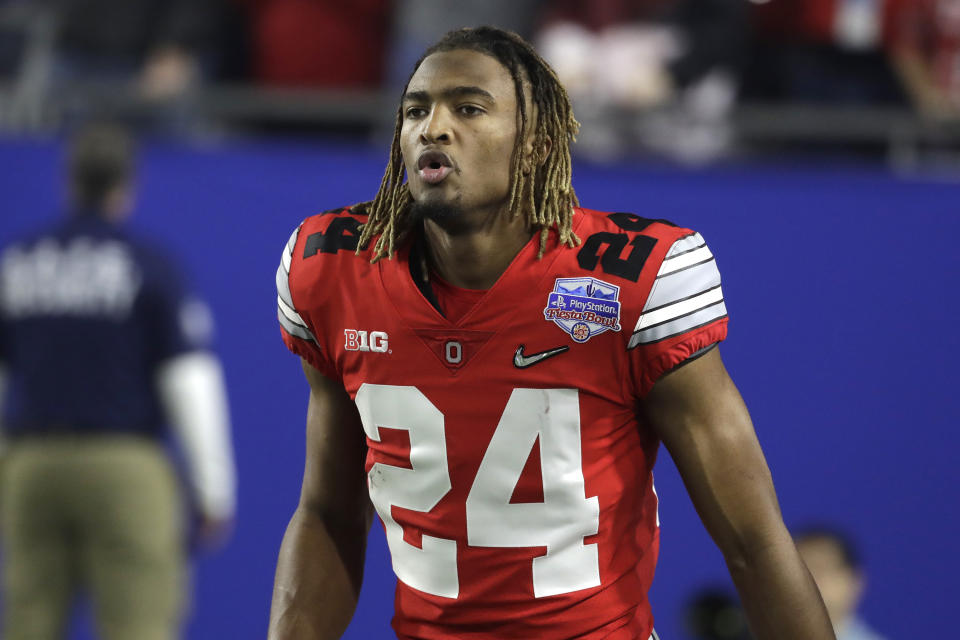 FILE - Ohio State cornerback Shaun Wade (24) is shown during the first half of the Fiesta Bowl NCAA college football game against Clemson, Saturday, Dec. 28, 2019, in Glendale, Ariz. Ohio State stars Shaun Wade and Wyatt Davis got tired of waiting for a decision on the football season and chose to opt out and begin preparing for the NFL draft. Wade, a preseason All-American and likely first-round pick in the 2021 draft, announced his decision Monday, Sept. 14, 2020, on Twitter, saying the Big Ten waited too long to decide what to do about playing.(AP Photo/Rick Scuteri, File).