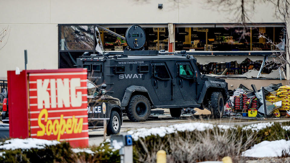 Emergency crews respond to a call of an active shooter at the King Soopers grocery store in Boulder, Colo., on Monday. (Michael Ciaglo/USA Today Network via Reuters)