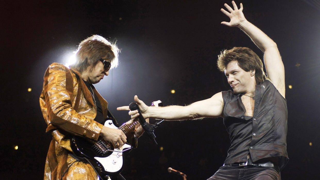  Richie Sambora, left, and Jon Bon Jovi perform on stage at the United Center, in Chicago, February 24, 2008. 