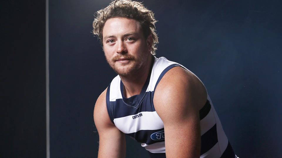 Jack Steven is pictured in a media opportunity after signing with the AFL's Geelong Cats.