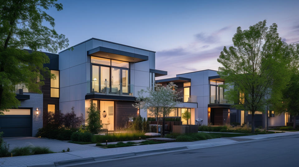 A contemporary single-family house at dusk in a residential neighborhood.