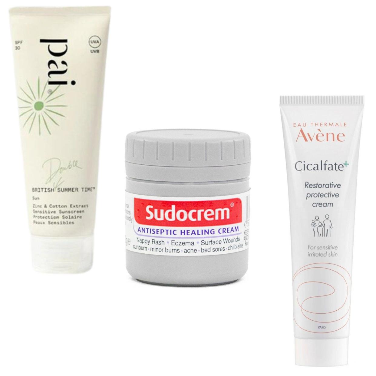 British Summer Time SPF 30, £29, Pai; Sudocrem, £3.75, Boots; Avène Eau Thermale Cicalfate+ Restorative Protective Cream, £7.60, Boots