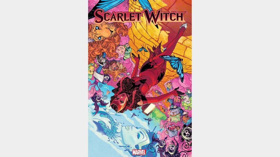 Scarlet Witch upside down on a colorful backdrop.