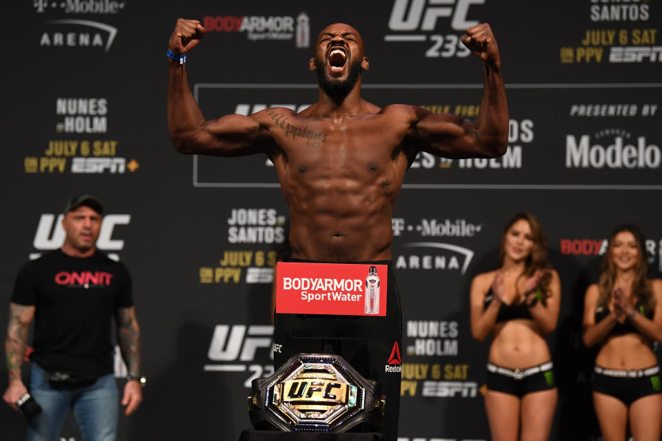 LAS VEGAS, NEVADA - JULY 05:  Jon Jones poses on the scale during the UFC 235 weigh-in at T-Mobile Arena on July 5, 2019 in Las Vegas, Nevada. (Photo by Josh Hedges/Zuffa LLC/Zuffa LLC via Getty Images)