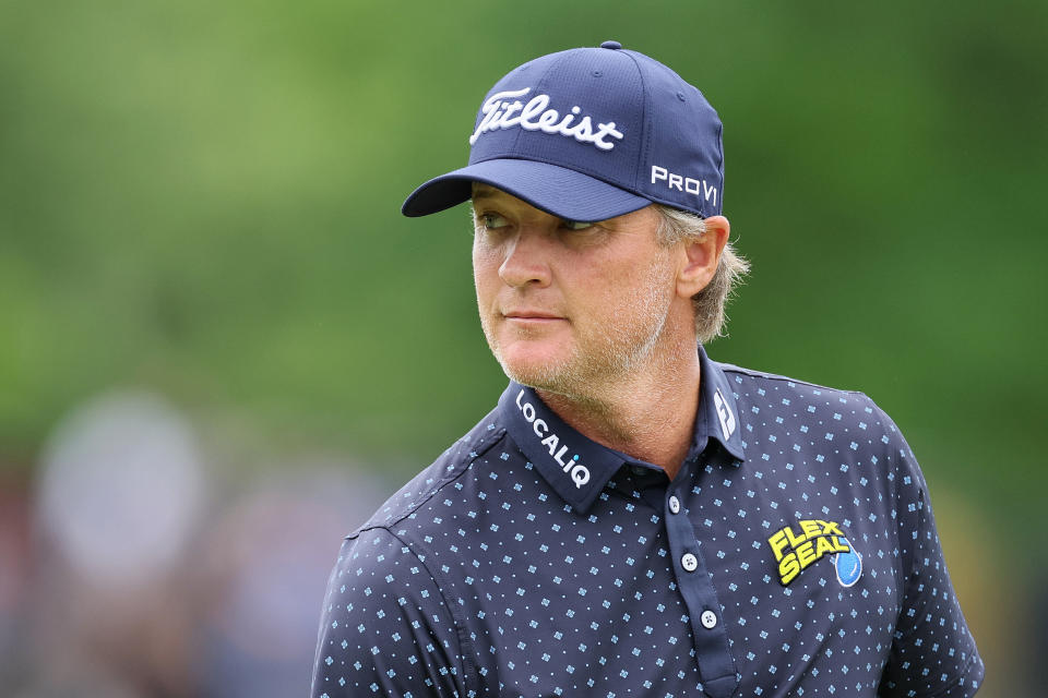 Seen here, Matt Jones of Australia looks on from the putting green during the first round of the Memorial Tournament.