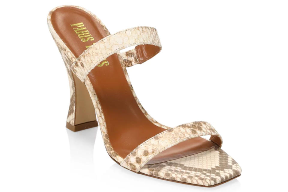 snakeskin sandals, sandals, mules, straps, python, paris texas