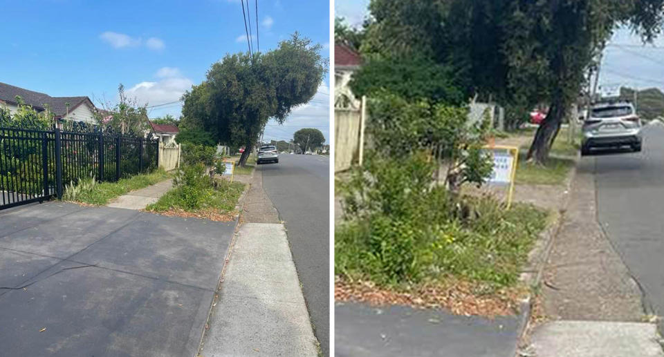 Mobile speed camera warning sign obscured by plant; Mobile speed camera vehicle