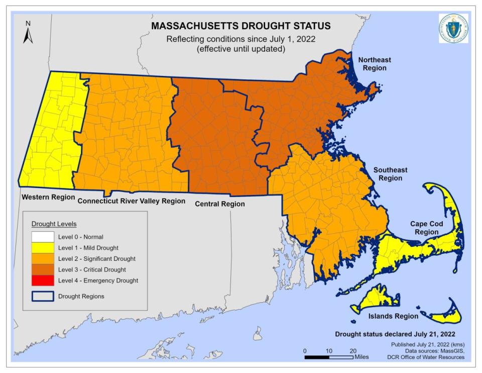 The Massachusetts Drought Status map as of July 21, 2022.