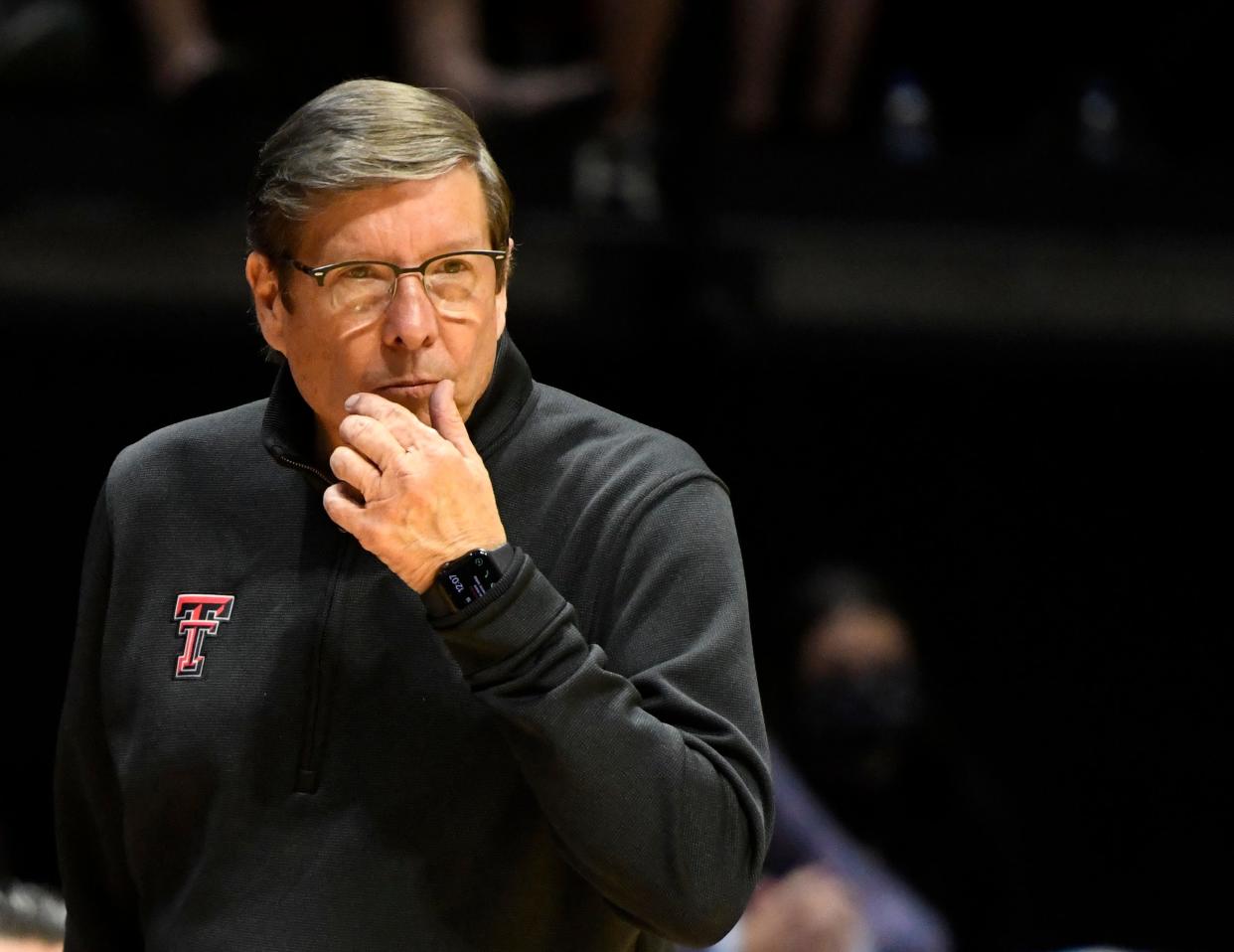 Texas Tech's head men's basketball coach Mark Adams stands on the sidelines in March Madness' first round game against Montana State, Friday, March 18, 2022, at Viejas Arena in San Diego, California. Texas Tech won, 97-62.