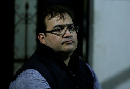 Former governor of Mexican state Veracruz Javier Duarte sits at a police station after he was detained in a hotel in Panajachel, Guatemala 15 April 2017. REUTERS/Danilo Ramirez