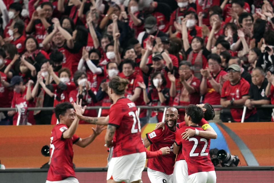 Players of Japan's Urawa Red Diamonds celebrate after winning against Saudi Arabia's Al Hilal, at the AFC Champions League final match at Saitama Stadium in Saitama, near Tokyo, Saturday, May 6, 2023. (AP Photo/Toru Hanai)