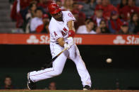 ANAHEIM, CA - JUNE 15: Albert Pujols #5 of the Los Angeles Angels of Anaheim lines to third base against the Arizona Diamondbacks for the first out in the ninth inning at Angel Stadium of Anaheim on June 15, 2012 in Anaheim, California. (Photo by Jeff Golden/Getty Images)