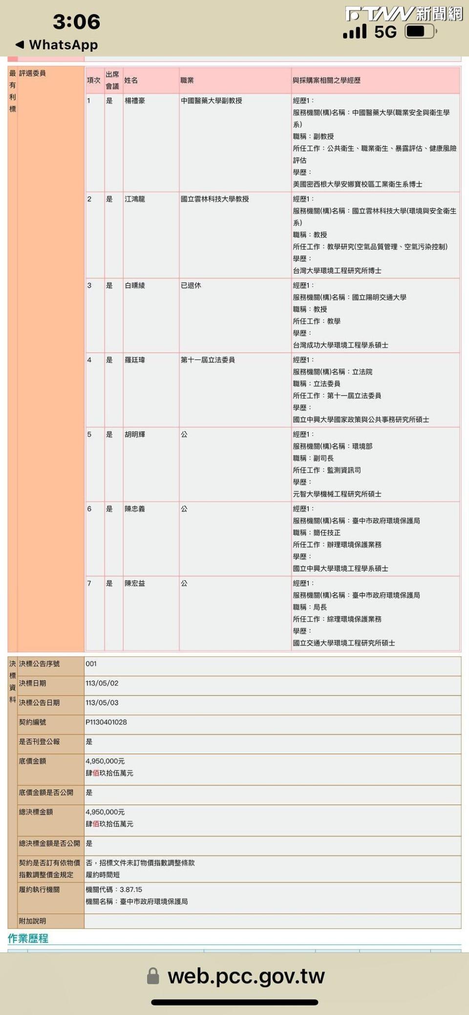 臺中市政府環保局的「113年度臺中市機動車輛排氣管污染管理事務計畫」評審委員出現立法委員羅廷瑋（圖／招標網）