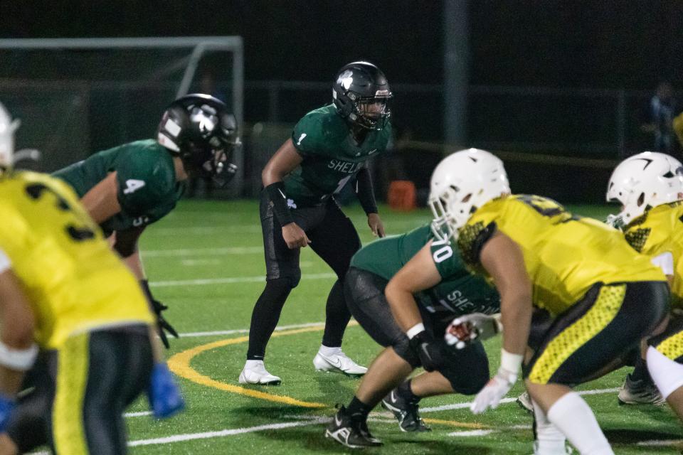 Sheldon linebacker Teimana Tuioti gets set before a defensive down against the Mililani Trojans of Hawaii in a 37-3 loss at home Sept. 1, 2023.