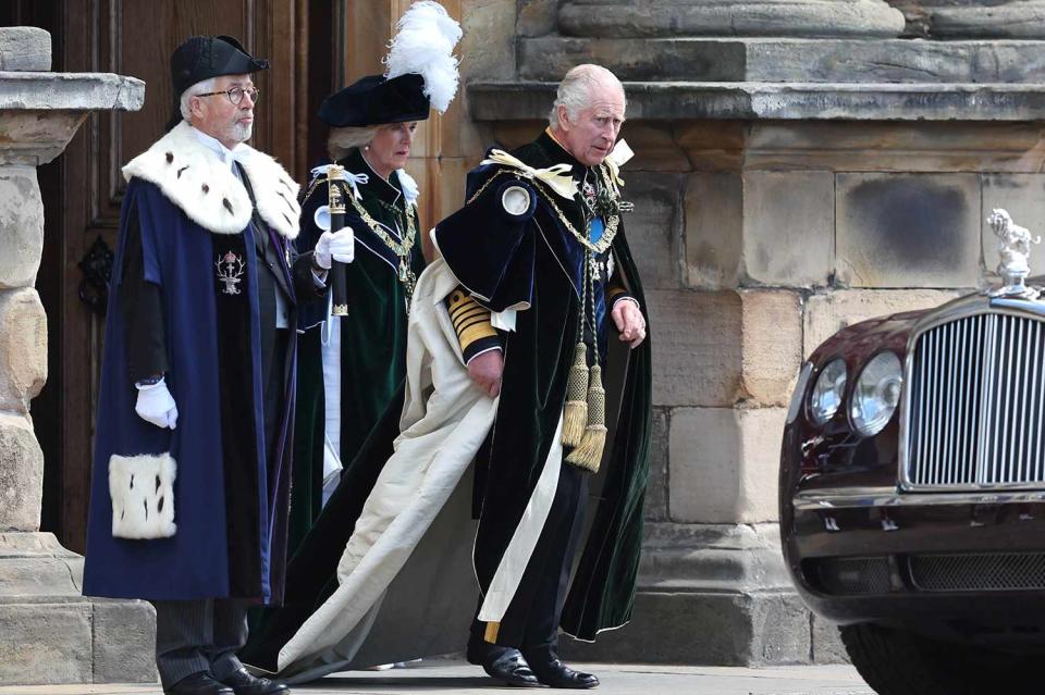 <p>Robert Perry - Pool/Getty Images</p> Queen Camilla and King Charles attend Scotland