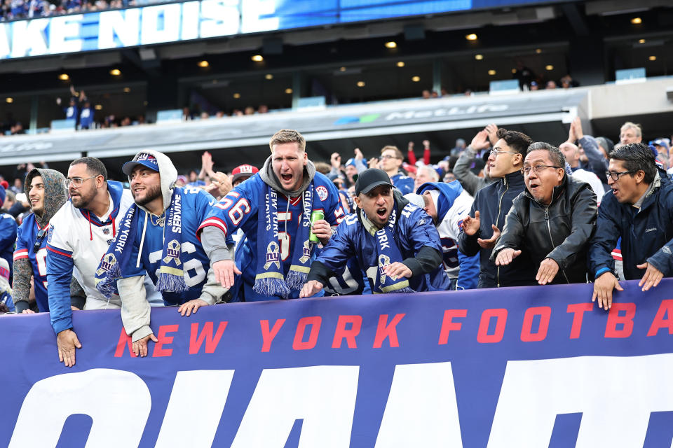 EAST RUTHERFORD, NEW JERSEY - NOVEMBER 13: New York Giants fans cheer on during the fourth quarter of the game against the Houston Texans at MetLife Stadium on November 13, 2022 in East Rutherford, New Jersey. (Photo by Dustin Satloff/Getty Images)